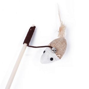 Cartoon Pet Teasers Toys Feather Wood Rod Mouse Toy With Mini Bell Cat Catcher Teaser Wooden Stick Cats Interactive