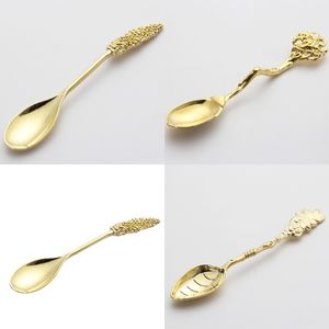 Spoons Coco Tree Leaves Twig Plants Carved Spoon Gold Plating Ladles Metal Mixing Tableware Crafts Kitchen Supplies sd C2