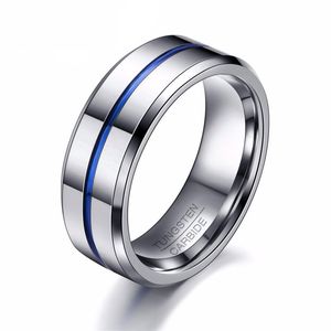 2020 Fashion Tunn Blue Line Tungsten Ring Bröllop Brand 8mm Tungsten Karbid Ringar För Män Smycken