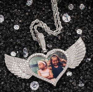 Custom Love Heart Wings Photo Pendant Necklace Memory Medallions Solid Pendant Personalized Cubic Zircon Chains Gift