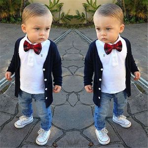 3 pçs crianças criança bebê menino casaco cavalheiro jaqueta camisa jeans calças roupa conjuntos de roupas outono roupas infantis 2-7 anos