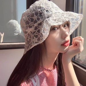 new korean fashion lace black bucket hat summer sun hats for women hollow out flower fishermen hat casual lady bucket cap