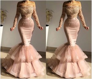 2020 Arabic Aso Ebi Sexy Lace Beaded Evening Dresses Mermaid Long Sleeves Prom Dresses Satin Formal Party Second Reception Gowns ZJ034