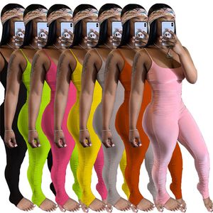 Summer Women Solid Color Sling Jumpsuits Casual Fitness Rompers ärmlös svart mager bodysuits grå sport veckade stack leggings 3576