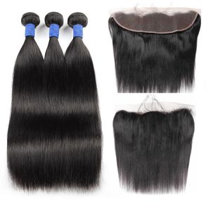 IsHow 10a brasileiro reto 3 feixes wews com 13 * 4 laço encerramento frontal extensões de cabelo peruano Malásia para mulheres todas as idades 8-28inch cor preta natural