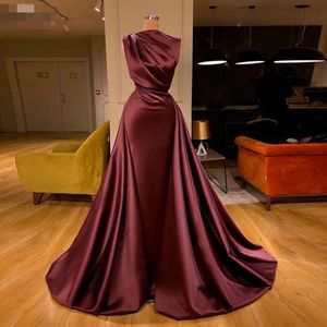 AbendkLeider 2020 Burgundy Moroccan Kaftanイスラム教徒のイブニングガウンプリーツサテンRuched Arabic Mermaid DubaiフォーマルドレスLong Vestidos