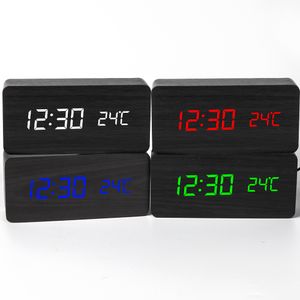 Quadrado LED Wooden Despertador relógio de relógio Table Controle de voz Digital Wood despertador Electronic Desktop USB / AAA Powered Clocks Decor