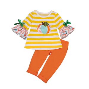 Autunno Halloween Baby Zucca Abiti a righe Manica svasata Fiocco Top + Pantaloni solidi 2 pezzi / set Boutique Casual Bambini Set di abbigliamento per ragazze M2307