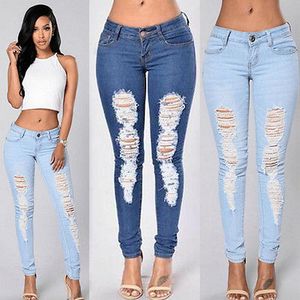 Fyra säsonger kan bära hög midja mager snäva långa jeans blyertssträcka rippade denim byxor plus storlek för kvinnans kvinna kvinna