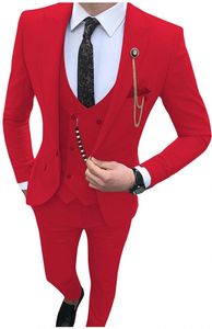 Doskonały czerwony 3-częściowy garnitur mężczyźni ślub smokingowy szczyt Lapel Groom Tuxedos Men Business obiad Prom Blazer (kurtka + spodnie + krawat + kamizelka) 665