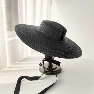 黒ホイトリボンビーチキャップボーターフラットトップサンハットY200716と女性のための夏の帽子夏の帽子夏の帽子10cm / 15cm / 18cmのブリム