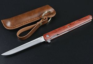 Red Flipper Folding Knife 440C Tanto/Drop Point Satin Blade Rosewood Handle Ball Bearing Knives With Leather Sheath