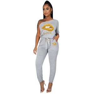 Women's Jumpsuits-Sexy Lips Print Crewneck One Off Shoulder Short Sleeve Elastic Drawstring Waist Romper Playsuits with Pockets