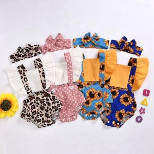 Wholesale clothing leopard children for sale - Group buy Baby Girl Clothes Leopard Infant Girl Romper Headband Sets Suspender Newborn Jumpsuits Flying Sleeve Children Playsuits Clothing DW5529