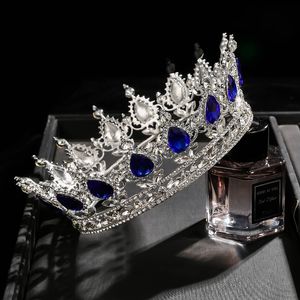 Księżniczka Królewski Niebieski Kryształ Tiara Pełne Korony Czerwony Srebrny Rhinestone Headpiece Akcesoria Ślubne Quinceanera Ślub Tiaras Bridal Jewelr