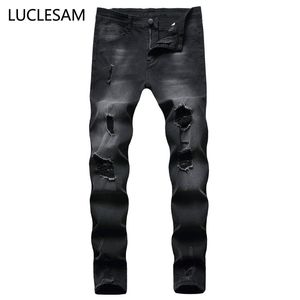 Jeans strappati slim fit da uomo Pantaloni streetwear elasticizzati alla moda Pantaloni in denim con fori distrutti neri maschili Jeans da uomo punk vintage