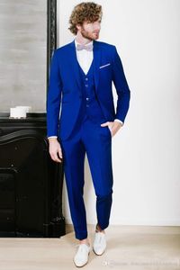 高品質Royal Blue Groom Tuxedos Notch Lapel Man Workスーツのウェディングパーティーウエディングドレスビジネススーツ（ジャケット+パンツ+ベスト+ネクタイ）J162
