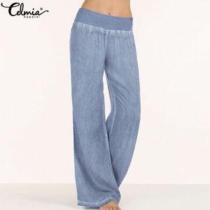 Celmia mulheres jeans calças de perna larga jeans elástica cintura alta calça feminina roupa feminina casual Pantalon Plus Size Palazzo