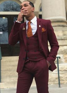 Mode Burgundy Groom Tuxedos Notch Lapel Groomsman Bröllop 3 Piece Suit Män Business Prom Jacka Blazer (Jacka + Byxor + Tie + Vest) 72