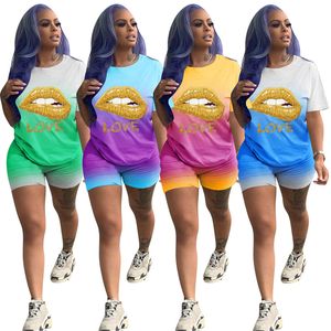 Womens Sexy 2 peças Outfits gradient lip imprimir manga curta t shirt bodycon shorts definir jumpsuit macacão tamanho (s, m, l, xl, xxl)