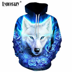 Sudaderas con capucha para hombres Sudaderas Lyprery Men Mujer Moda Otoño Jerseys Sweat Homme 3D Chándal 3D Blue Rose White Wolf Hoodie