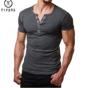 Henley T Men 2020 Summer Fashion V Neck koszulka z krótkim rękawem Homme Casual Slim Fit metalowy guzik Design męskie koszulki XXL MX200611