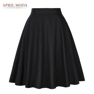 Elegant High Waist Pleat Skirt Black Knee Length Flared Skirts Retro Vintage 50s Rockabilly Swing Skirts Women Faldas Saia Jupe