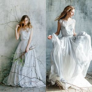 2020 Tasarımcı Gelinlik Modelleri Jewel Boyun Dantel Aplike Şifon Düğün Konuk Elbise Kolsuz Sweep Uzunluğu Parti Abiye Custom Made