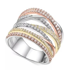 手作りヴィンテージファッションジュエリー 925 スターリングシルバーゴールドフィルパヴェホワイトサファイア CZ ダイヤモンド宝石の約束女性の結婚式のクロスリング