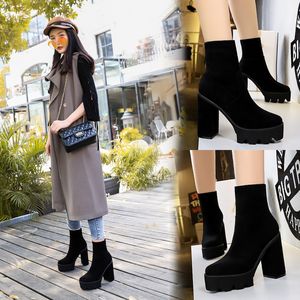 Frühling Herbst Mode Frauen Stiefel High Heels Plattform Schnalle Schnüren Leder Kurze Booties Schwarz Damen Schuhe Förderung Ferse Boot