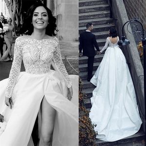 Wholesale satin ruched wedding dress for sale - Group buy Sexy High split Wedding Dresses A Line Bateau Long Sleeves Appliqued Lace Ruched Satin Wedding Dress Court Train Custom Made Robes De Mariée