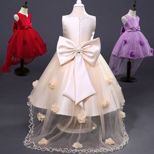 Lovely Flower Girls Dresses V Neck Sleeveless Lace Appliques Kids Formal Wear Custom Made Hi-Lo Birthday Toddler Girls Pageant Gowns