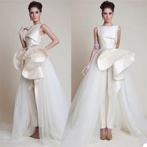 Newest Jumpsuit Evening Dresses Elegant Sleeveless Ruched Satin Tiered Tulle Sweep Train Formal Party Gowns Custom Made Long Prom Dress