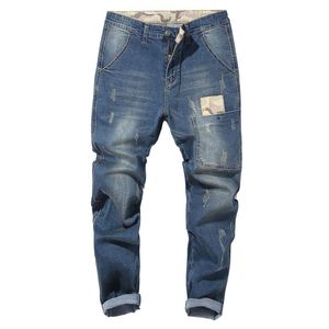 Mäns Jeans Patchwork Denim Harem Fickor Ripped Stretch Byxor Svart Blå Lång Plus Storlek 48