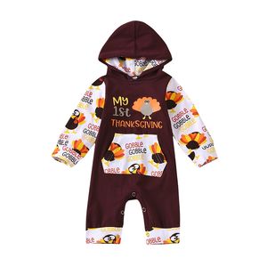 Thanksgiving Kids Clothing Boy Girls Turkey Letters Printed Rompers Infants Long Sleeve Hooded Jumpsuit Clothes Newborn Clothing M2433