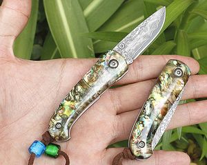 Kampanj Mini Small Damascus Pocket Folding Knife VG10 Damascus Steel Drop Point Blade Abalone Shell   rostfritt stål