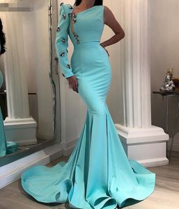 one shoulder 2020 New Long Sleeves Mint Mermaid Evening Dresses Beaded crystal Islamic Dubai Saudi Arabic Formal Dress Prom Gowns