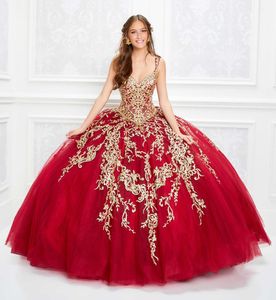 2020 Röd Luxury Quinceanera Klänningar Poolging Neck Guld Lace Appliqued Ball Gown Girls Pageant Klänning Anpassad Sweet 16 Dresses Prom Kok