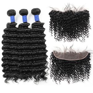 Ishow 8A Brazilian Virgin Hair Extensions 3Bundles With 13*4 Lace Frontal Human Hair Bundles With Closure Deep Wave for Women Girls All Ages Natural Black 8-28inch