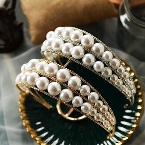 Korean Pearls Headband Wedding Bridal Hairband Crown Tiara Crystal Rhinestone Double Pearl Hair Accessories Bands Women Fashion Headdress Ornament Silver Gold