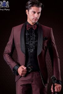 Burgonya Damat smokin Siyah Şal Yaka Groomsmen Mens Gelinlik Mükemmel Adam Ceket Blazer 3 Adet Suit (Ceket + Pantolon + Vest + Tie) 671