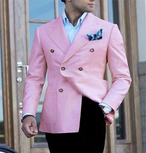 Fashion Pink Groom Tuxedos Double-Breasted Groomsmen Wedding Tuxedos Men Formal Blazer Prom Jacket Suit(Jacket+Pants+Tie) 663