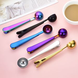 Stainless Steel Coffee Measuring Spoon With Bag Seal Clip Multifunction Jelly Ice Cream Fruit Scoop Spoon Kitchen Accessories lxj045