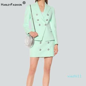 Mode-HarleyFashion Neue Farbe Mint Twin Sets Tasten Blazer Gerade Kurzen Rock Frauen Schlanke Formale Rock Anzüge Hohe Qualität