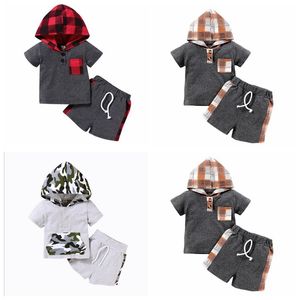 Baby Clothes Set Plaid Printed Toddler Girl Hooded Shirts Shorts 2st Satser Camouflage Barn Barn Pojke Tracksuit Kids Outfits Bodysuits LSK467