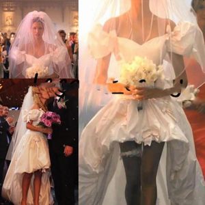 2020 Vintage High Low Dresses Off the Shoulder Short Sleeves Satin Ruffles Bow Custom Made Wedding Gown Vestido De Novia