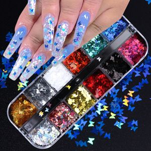 Nail Art olografica Glitter Paillettes Sparkly 12 Griglia / Set Trucco occhi 3D Sottile Farfalla Fiocchi Decalcomanie polacche Decorazioni per unghie