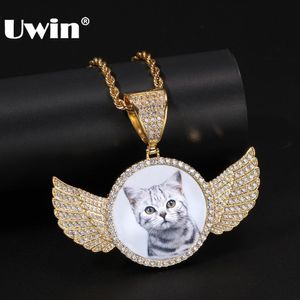 Uwin Cubic Zirconia Custom Made Photo Pendant Halsband Soild Tillbaka Full Iced Out Wing Round Tag Hiphop Smycken Gåvor CX200725