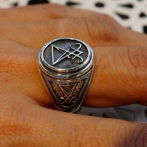 Vantage silberfarbener Signet-Siegel des Luzifer-Rings für Männer, Siegel des Satans, okkulter männlicher Schmuck