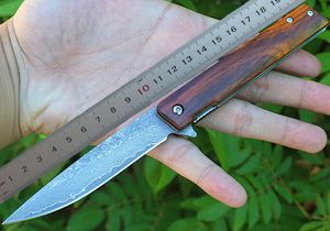 1 st hög kvalitet kullager flipper vik kniv VG10 Damascus stål Drop Point Blade Rosewood + rostfritt stålplåt Hantera EDC knivar